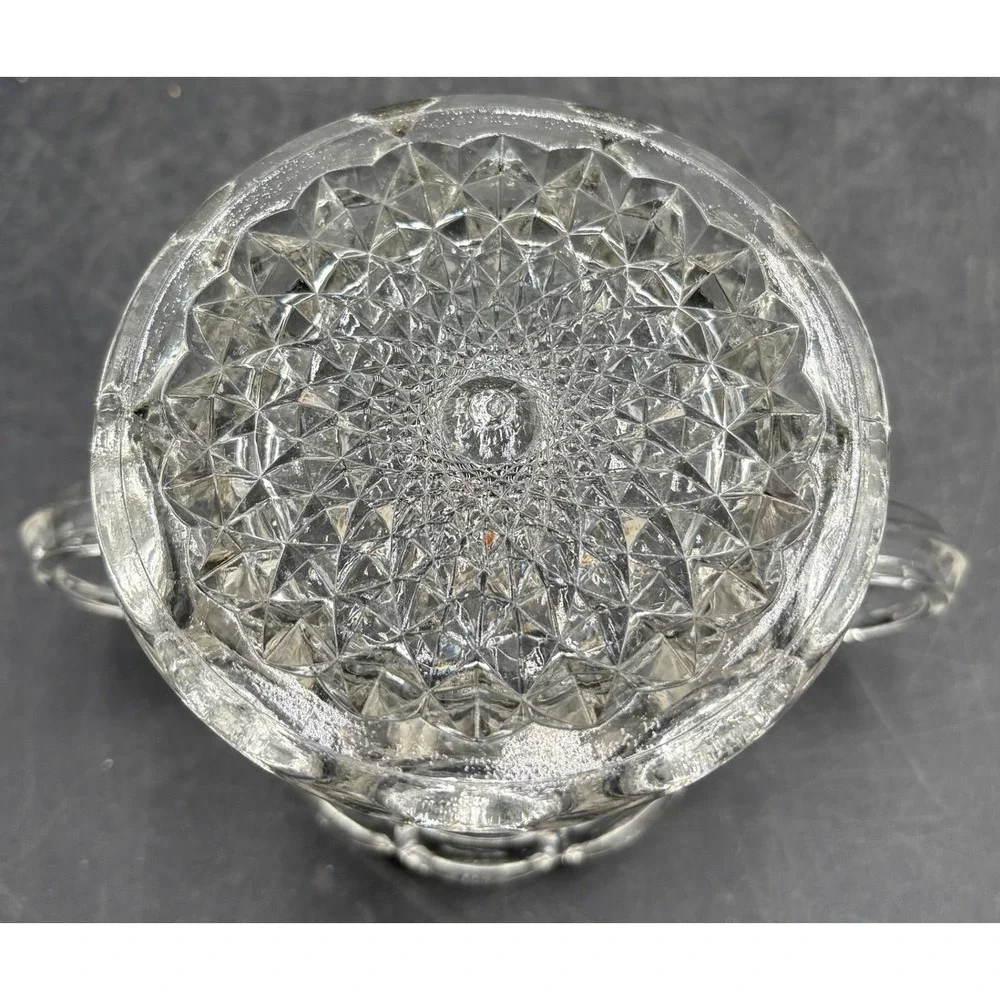 Vtg Rare Pressed Glass Scalloped Sugar Bowl Honeycomb Diamond Pattern 4